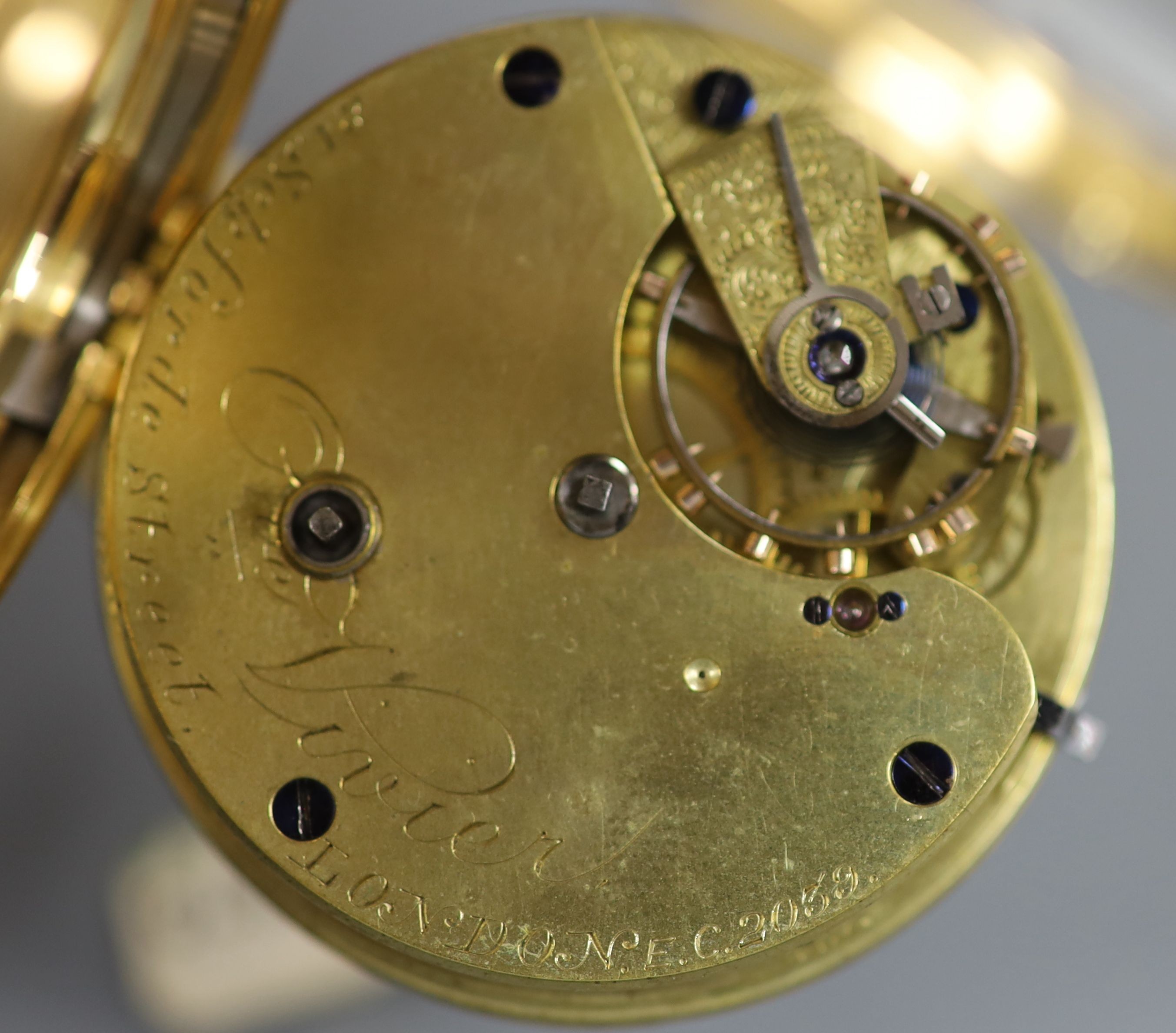 A Victorian engine turned 18ct gold open faced keywind pocket watch, by Vivier, London